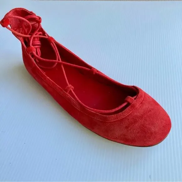 JOIE Jenessa Ballet Flats Cherry Red Suede Women Size 7.5/38 Lace Up Leather - Picture 8 of 13
